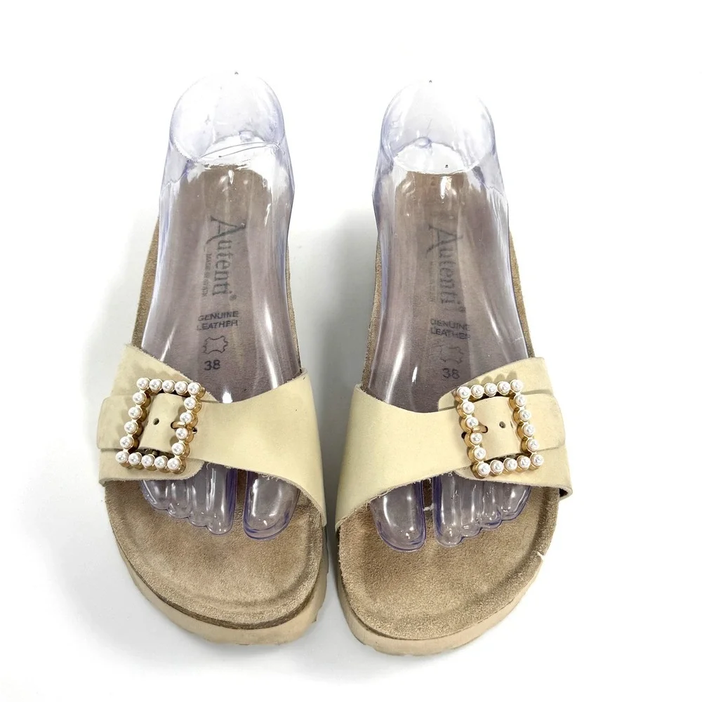 Autenti Batistella Womens Cream Leather Pearl Buckle Platform Slide Sandals 38 - Picture 1 of 10